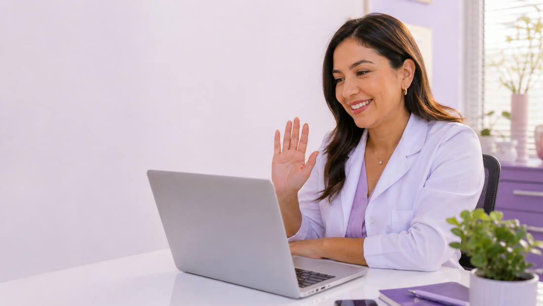 Médica atendiendo una teleconsulta por videollamada